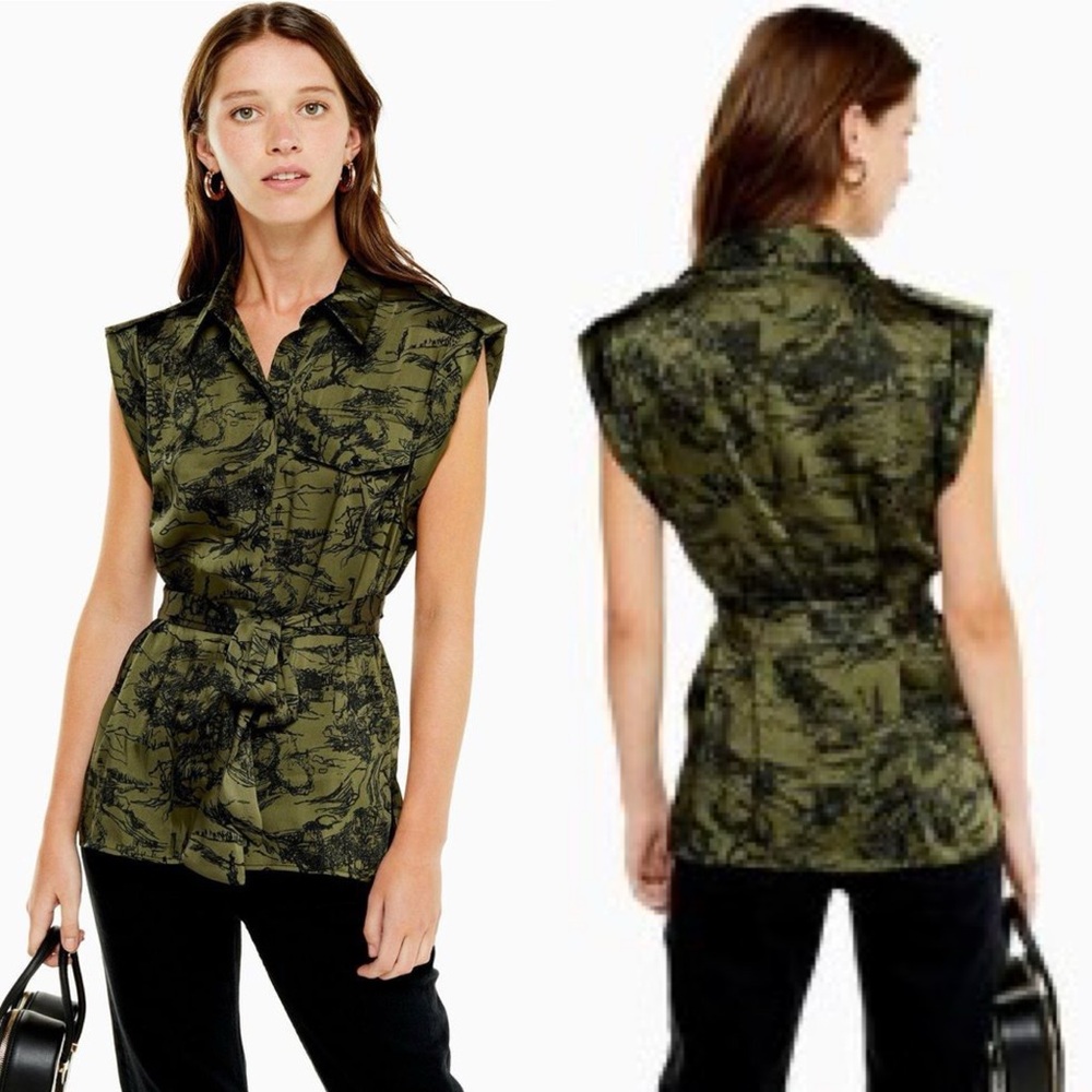 Topshop Green Scenic Print Sleeveless Blouse Belted Waist Size 2